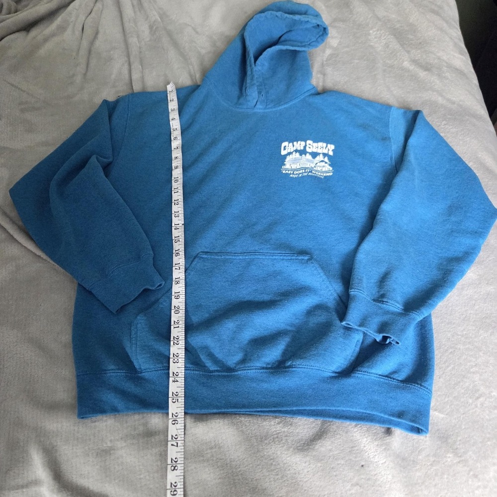 Gildan Hoodie Mens Medium Blue Camp Seely Graphic Fleece Pullover Sweatshirt - Picture 9 of 14